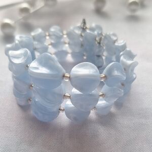 Vintage Coil Bracelet Acrylic Pastel Baby Blue Shaped Beads Flexible Beaded Cuff